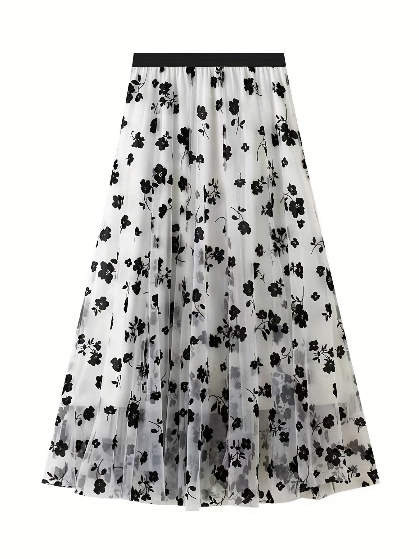 Plant Print Contrast Mesh Skirts, Elegant High Waist Maxi Skirts, Women's Clothing