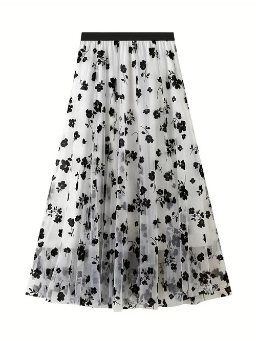 Plant Print Contrast Mesh Skirts, Elegant High Waist Maxi Skirts, Women's Clothing