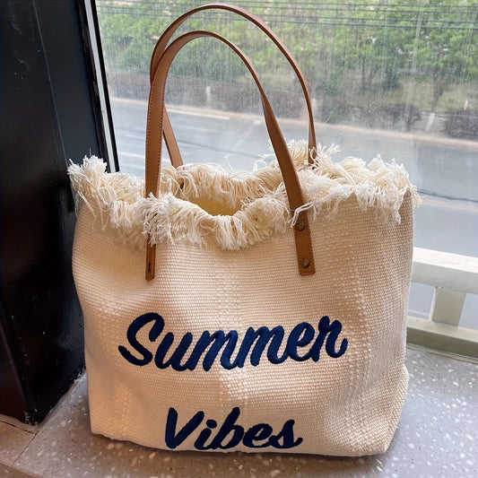 Bohemian Chic Embroidered Tote Bag - Stylish Letter Detail, Fringe Trim, Durable Canvas, Adjustable Shoulder Strap, Perfect for Womens Summer Beach Wear