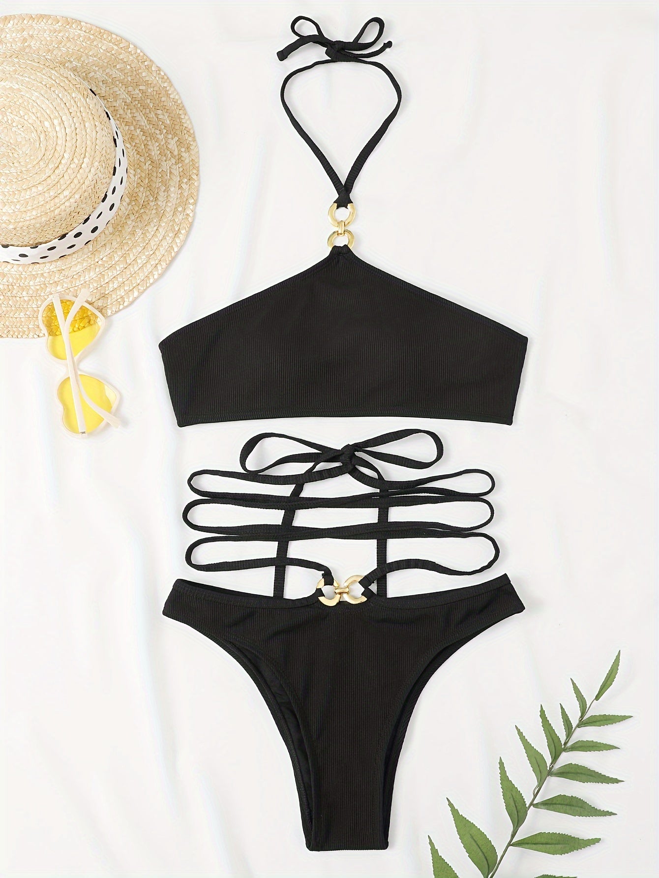 Women Neck Strapless Backless Bikini Swimsuit Set Solid Color Waist Long Rope 1 Piece Swimsuits For Women Shorts