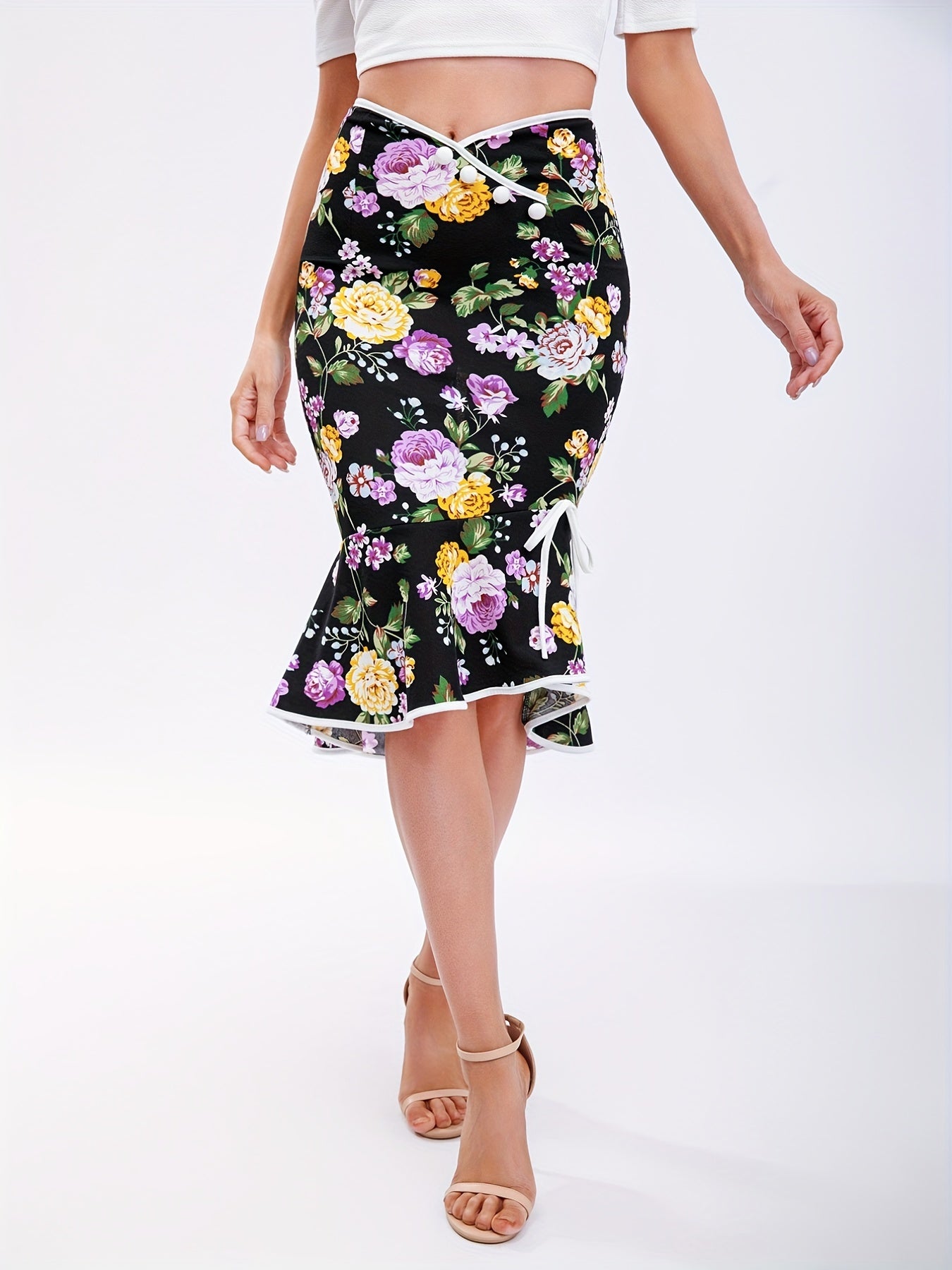 Polka Dot Bodycon Button Lace Up Skirts, Sexy Mature Fishtail Party Skirts, Women's Clothing