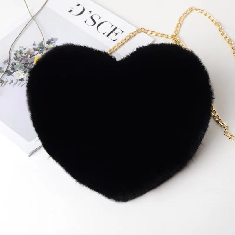 Heart Shaped Plush Bag, Women's Chain Crossbody Bag, Kawaii Zipper Purse For Valentine's Day