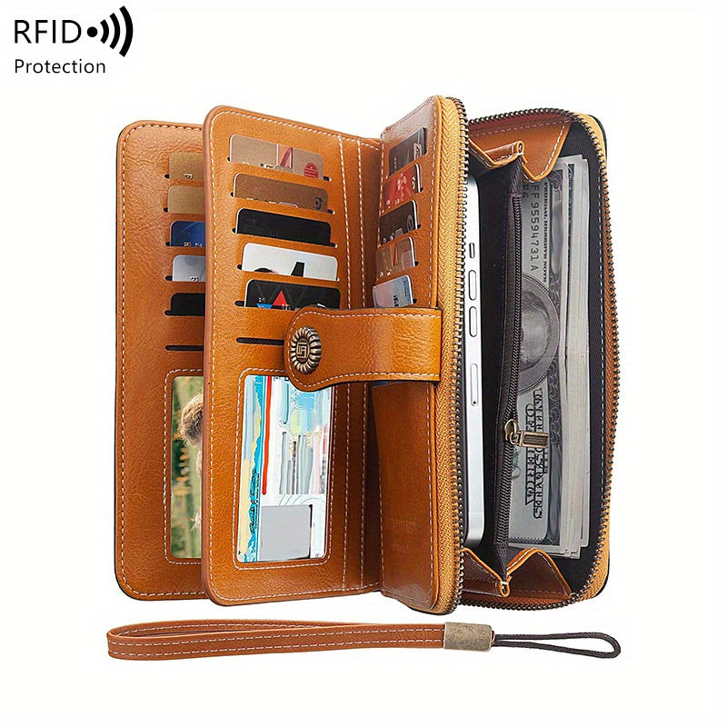 Vintage-Style RFID Long Wallet – Large-Capacity Faux Leather Coin Purse with Wristband, Snap Closure & Multi-Card Slots