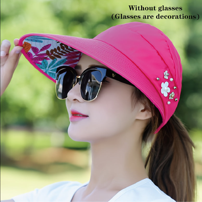 Womens Summer Sun Hat - Premium UV Shield, Stylishly Versatile, Travel-Friendly Foldable Design, Wide Brim for Optimal Shade, Chic Floral Lining, Adjustable with Flower Accent