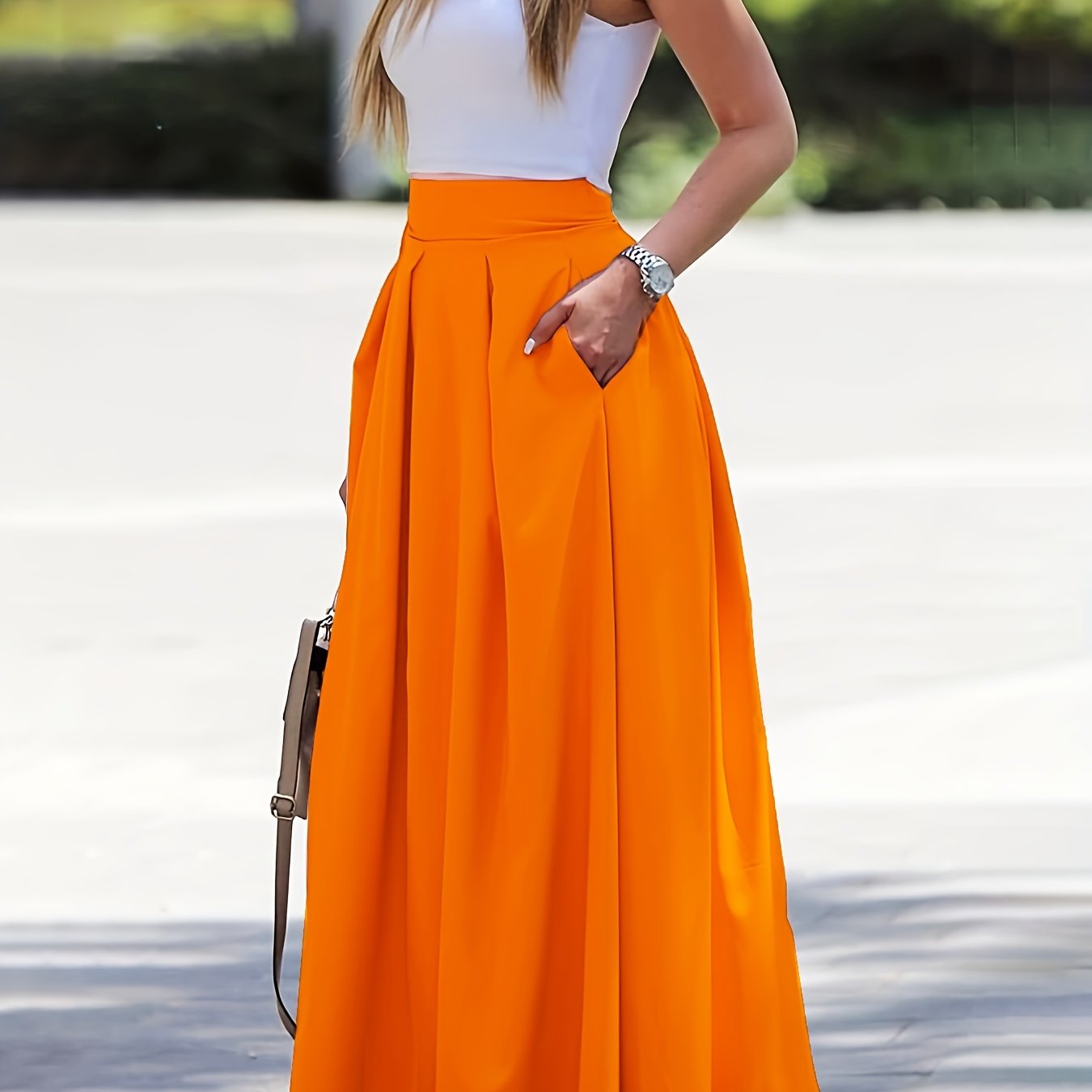 Ruched High Waist Skirts, Elegant Solid Versatile Maxi Skirts, Women's Clothing