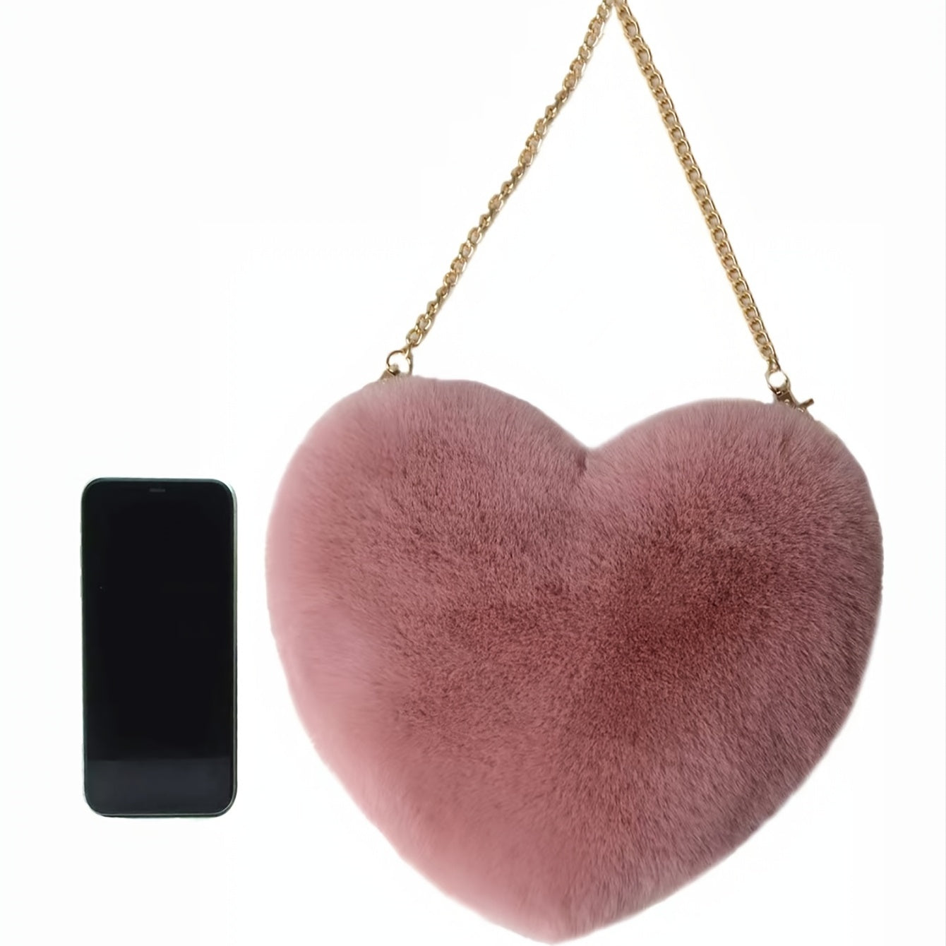 Heart Shaped Fluffy Shoulder Bag, Fashion Chain Crossbody Bag, Cute Zipper Purse For Valentine's Day