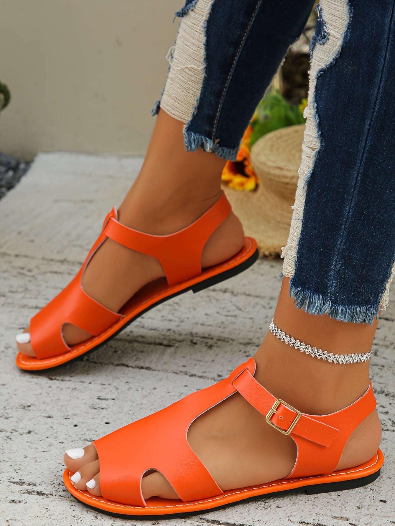 Womens Summer Flat Sandals - Buckle Ankle Strap, Lightweight, Comfortable, Open Toe, Faux Leather Upper, Rubber Sole, Versatile Vacation Footwear for Beach, Pool, and Outdoor Activities