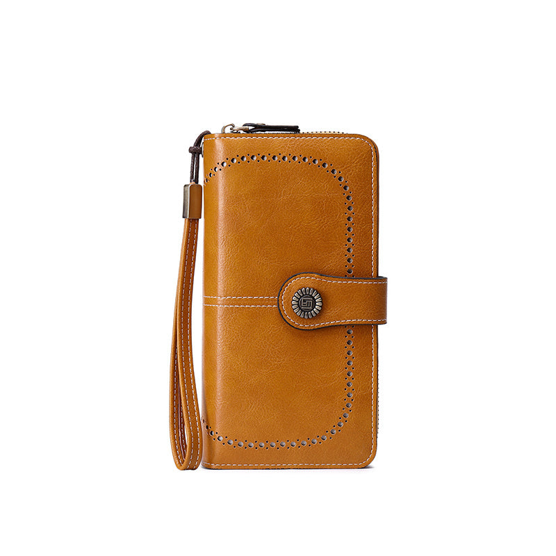Vintage-Style RFID Long Wallet – Large-Capacity Faux Leather Coin Purse with Wristband, Snap Closure & Multi-Card Slots