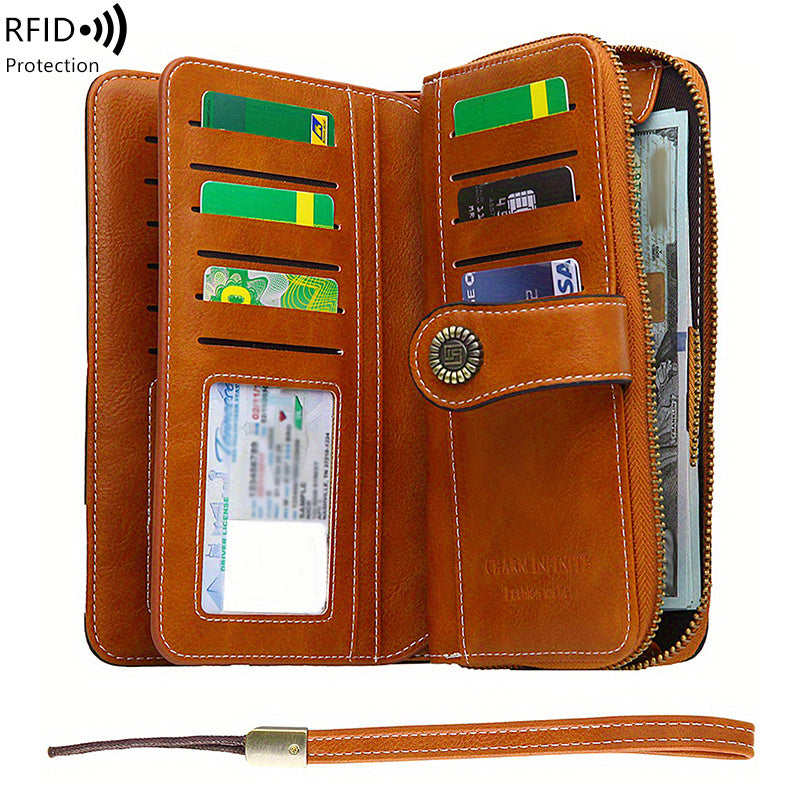 Vintage-Style RFID Long Wallet – Large-Capacity Faux Leather Coin Purse with Wristband, Snap Closure & Multi-Card Slots
