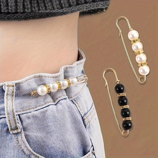 Fashionable Plastic Pearl and Bead Brooch Safety Pins - Waistband Tightener and Clothing Fixation Pins for Pants Skirts and Dresses - Adjustable Anti-Slip Garment Clasp Set
