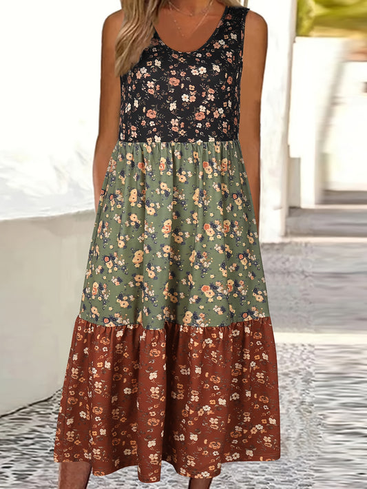 Vibrant Color Block Floral Print Tiered Tank Dress - Relaxed Fit, Crew Neck, Casual, Comfortable, Soft Fabric - Womens Summer Clothing, Beach Dress, Vacation Wear