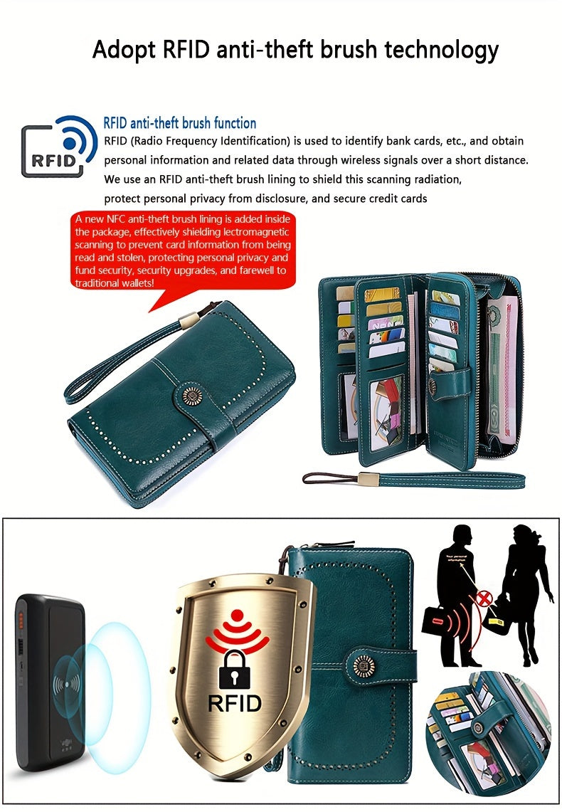 Vintage-Style RFID Long Wallet – Large-Capacity Faux Leather Coin Purse with Wristband, Snap Closure & Multi-Card Slots