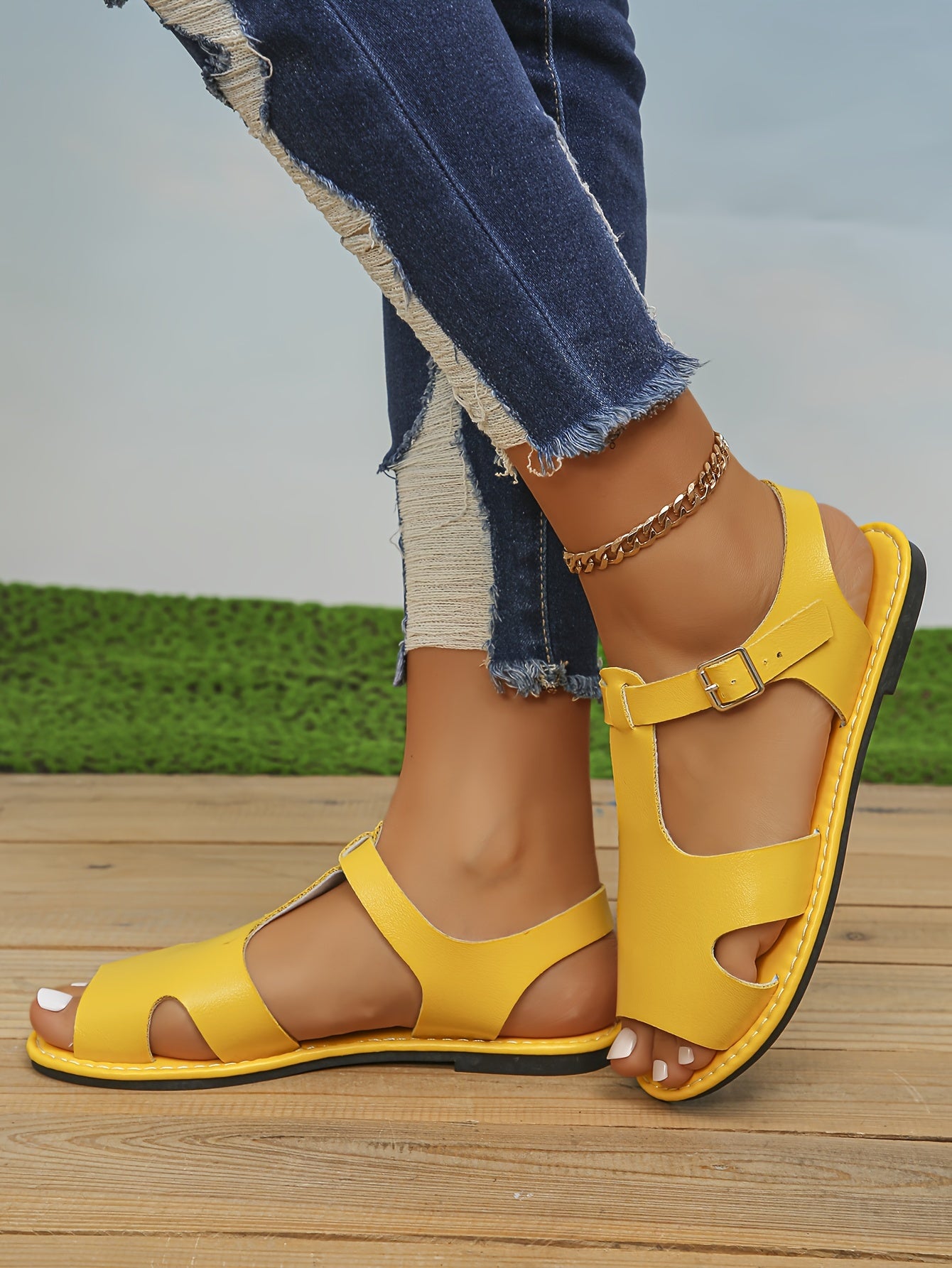 Womens Summer Flat Sandals - Buckle Ankle Strap, Lightweight, Comfortable, Open Toe, Faux Leather Upper, Rubber Sole, Versatile Vacation Footwear for Beach, Pool, and Outdoor Activities
