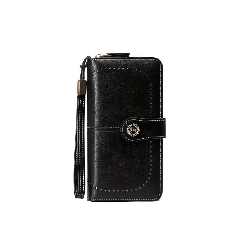 Vintage-Style RFID Long Wallet – Large-Capacity Faux Leather Coin Purse with Wristband, Snap Closure & Multi-Card Slots