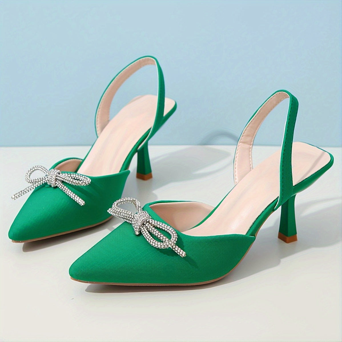 Women's Rhinestone Bow Stiletto, Pointed Toe Satin Slingback High Heels, Party & Evening Going Out Dress Shoes
