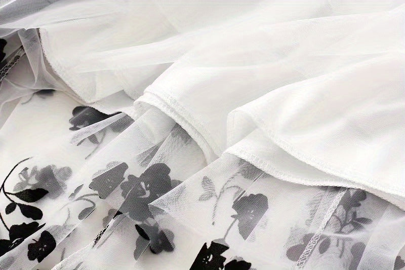 Plant Print Contrast Mesh Skirts, Elegant High Waist Maxi Skirts, Women's Clothing