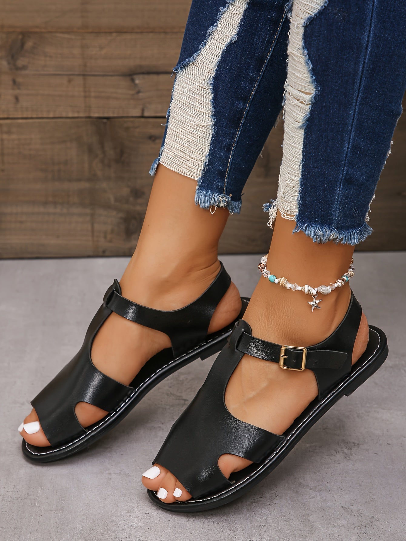 Womens Summer Flat Sandals - Buckle Ankle Strap, Lightweight, Comfortable, Open Toe, Faux Leather Upper, Rubber Sole, Versatile Vacation Footwear for Beach, Pool, and Outdoor Activities