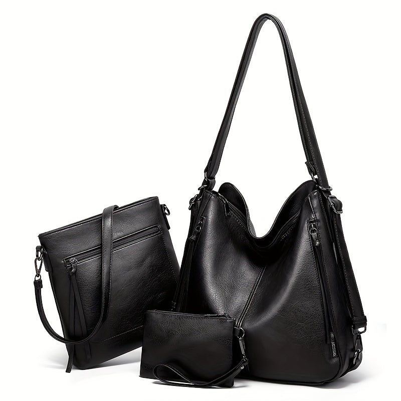3-Piece Retro Tote Bag Set for Women - Stylish Shoulder & Crossbody Bags with Matching Clutch Coin Purse - Versatile Vintage-inspired Style for Everyday Elegance