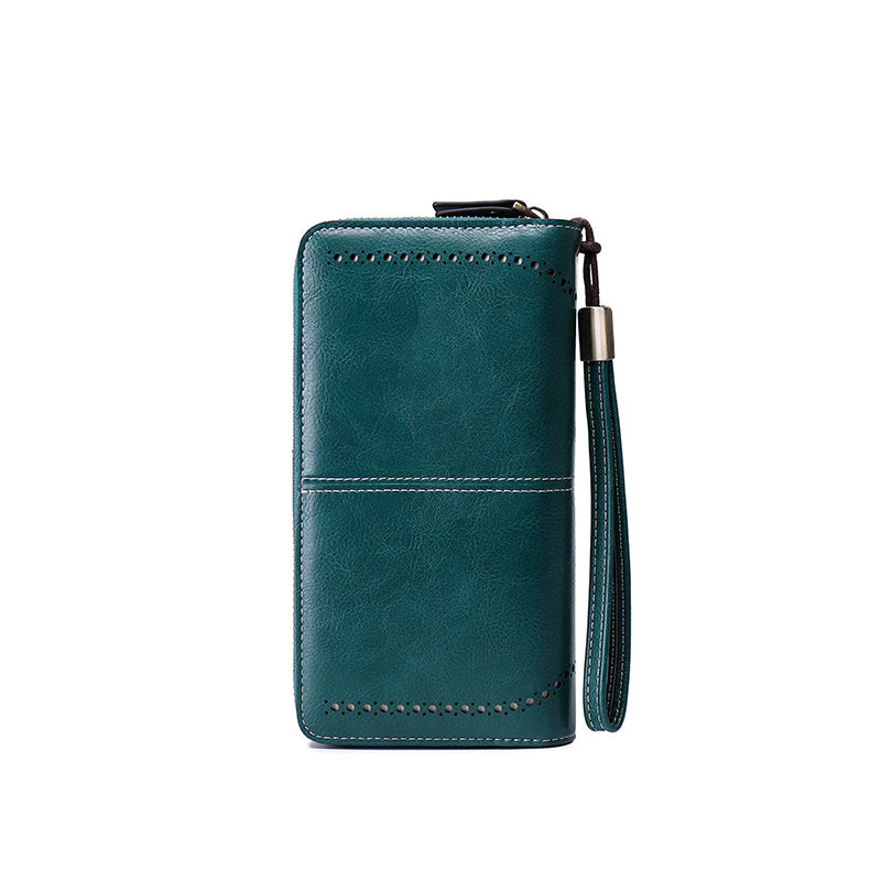 Vintage-Style RFID Long Wallet – Large-Capacity Faux Leather Coin Purse with Wristband, Snap Closure & Multi-Card Slots