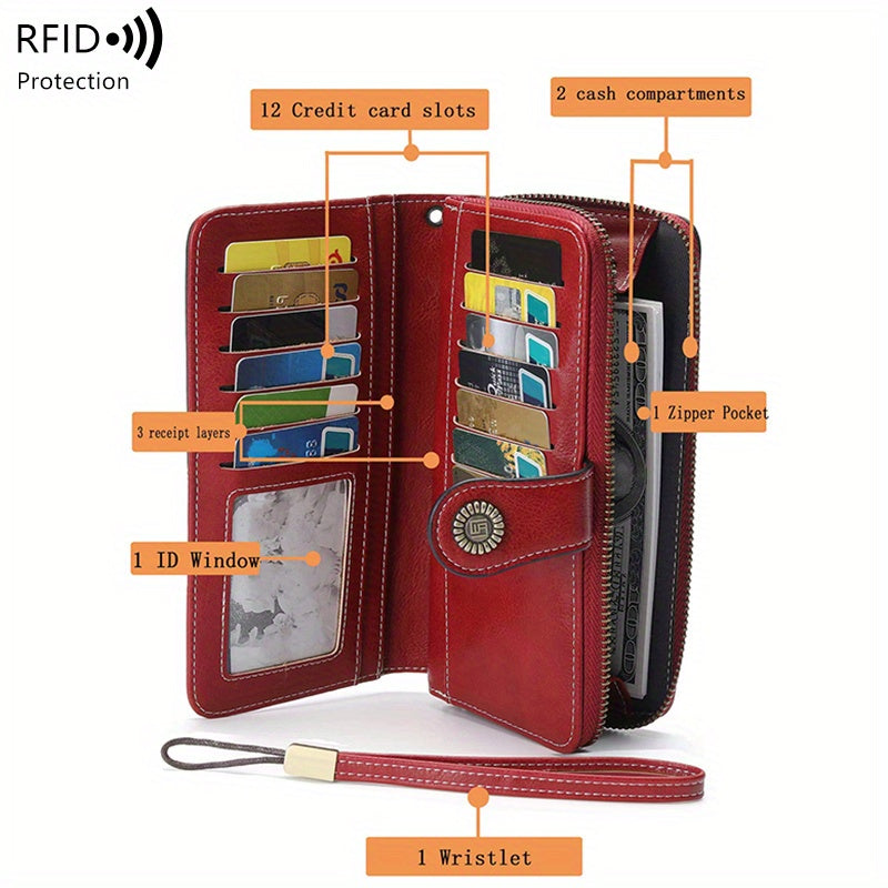 Vintage-Style RFID Long Wallet – Large-Capacity Faux Leather Coin Purse with Wristband, Snap Closure & Multi-Card Slots