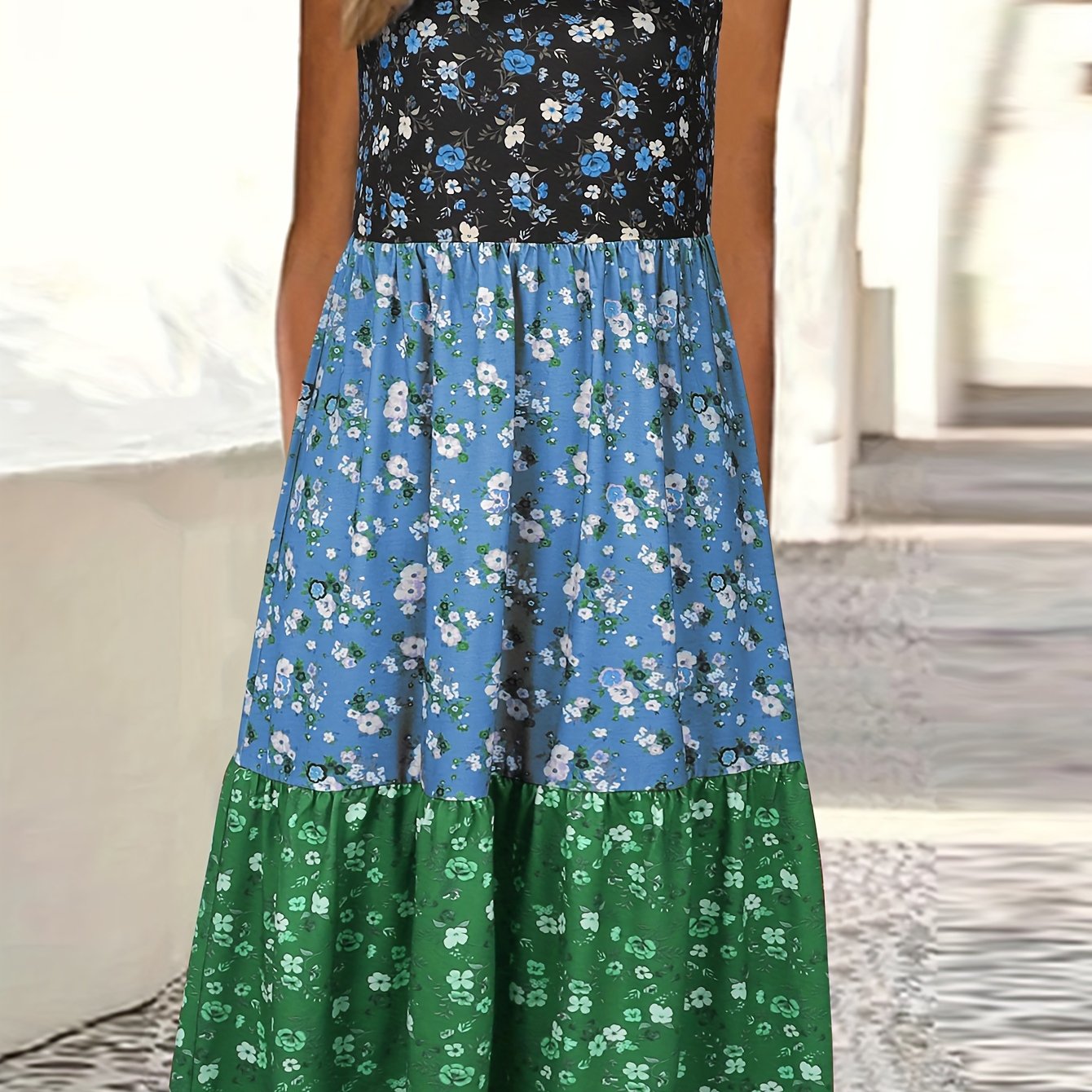 Vibrant Color Block Floral Print Tiered Tank Dress - Relaxed Fit, Crew Neck, Casual, Comfortable, Soft Fabric - Womens Summer Clothing, Beach Dress, Vacation Wear
