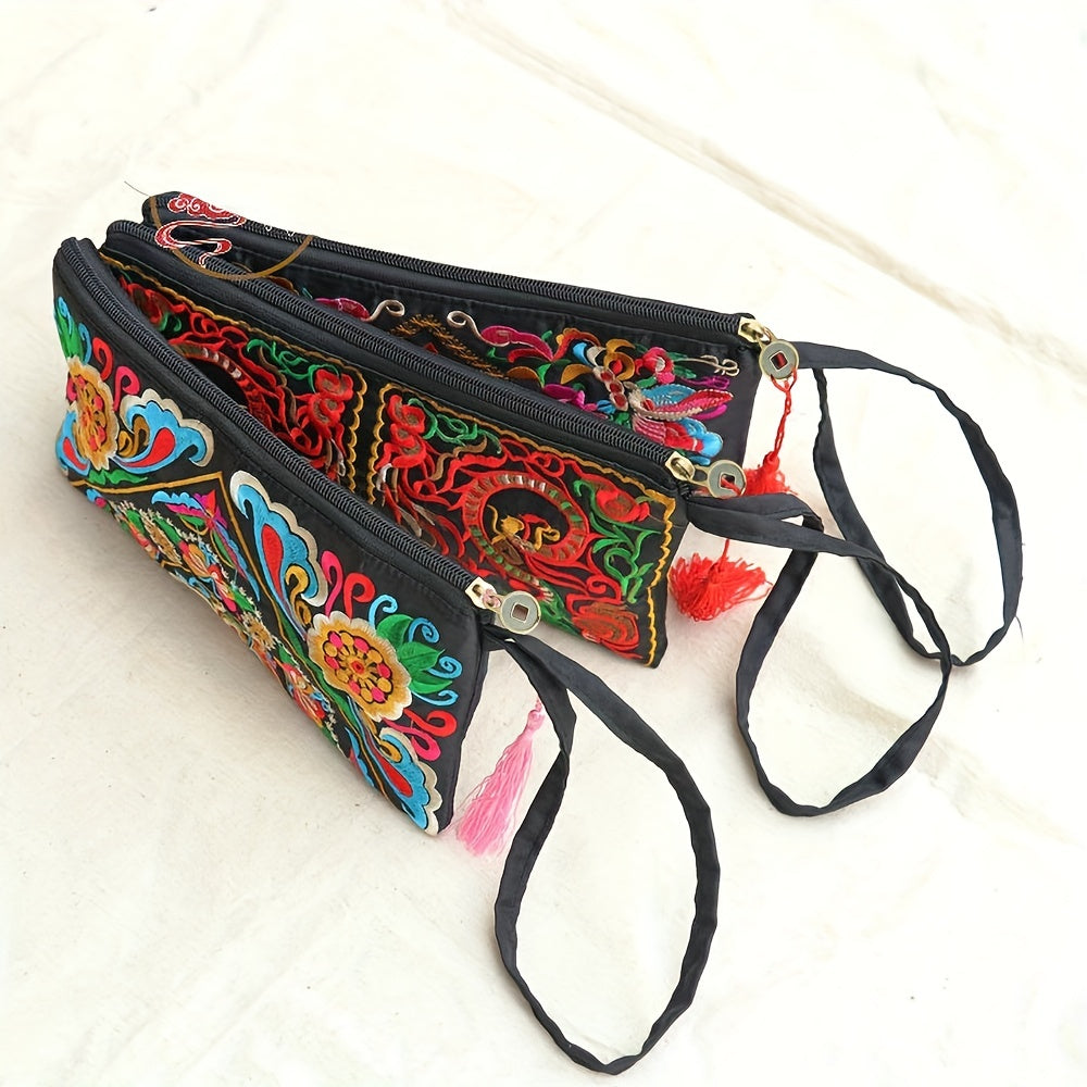 Vintage Square Phone Purse - Ethnic Floral Embroidery, Wristlet Strap, Stylish Clutch for Everyday Chic