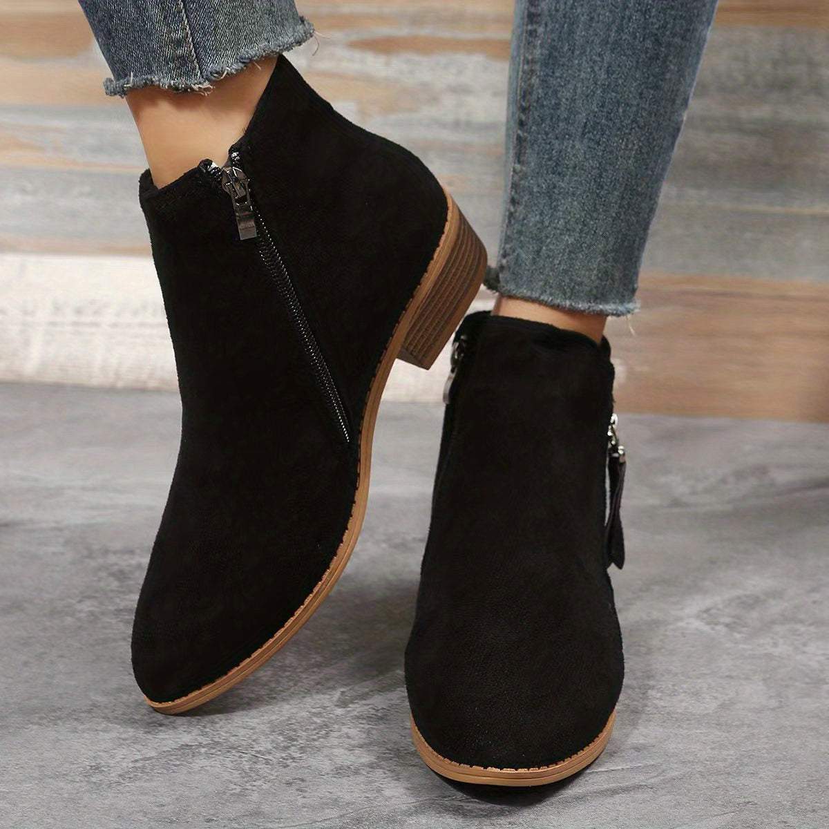 Women's Stacked Heel Ankle Boots, Side Zipper Pointed Toe Solid Color Short Boots, Comfortable Block Heels