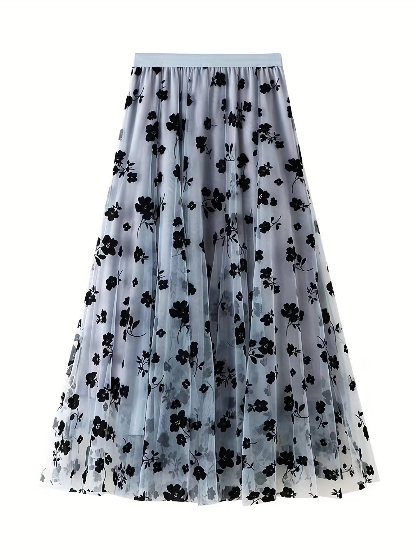 Plant Print Contrast Mesh Skirts, Elegant High Waist Maxi Skirts, Women's Clothing