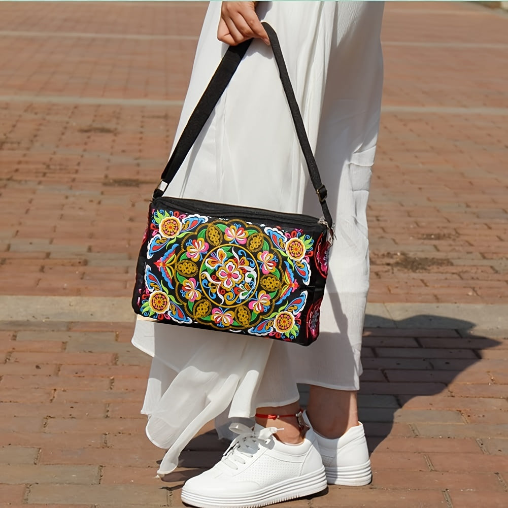 Floral Lightweight Crossbody Bag for Women – Adjustable Strap, Secure Zip, Embroidered Comic-Patterned Travel Purse