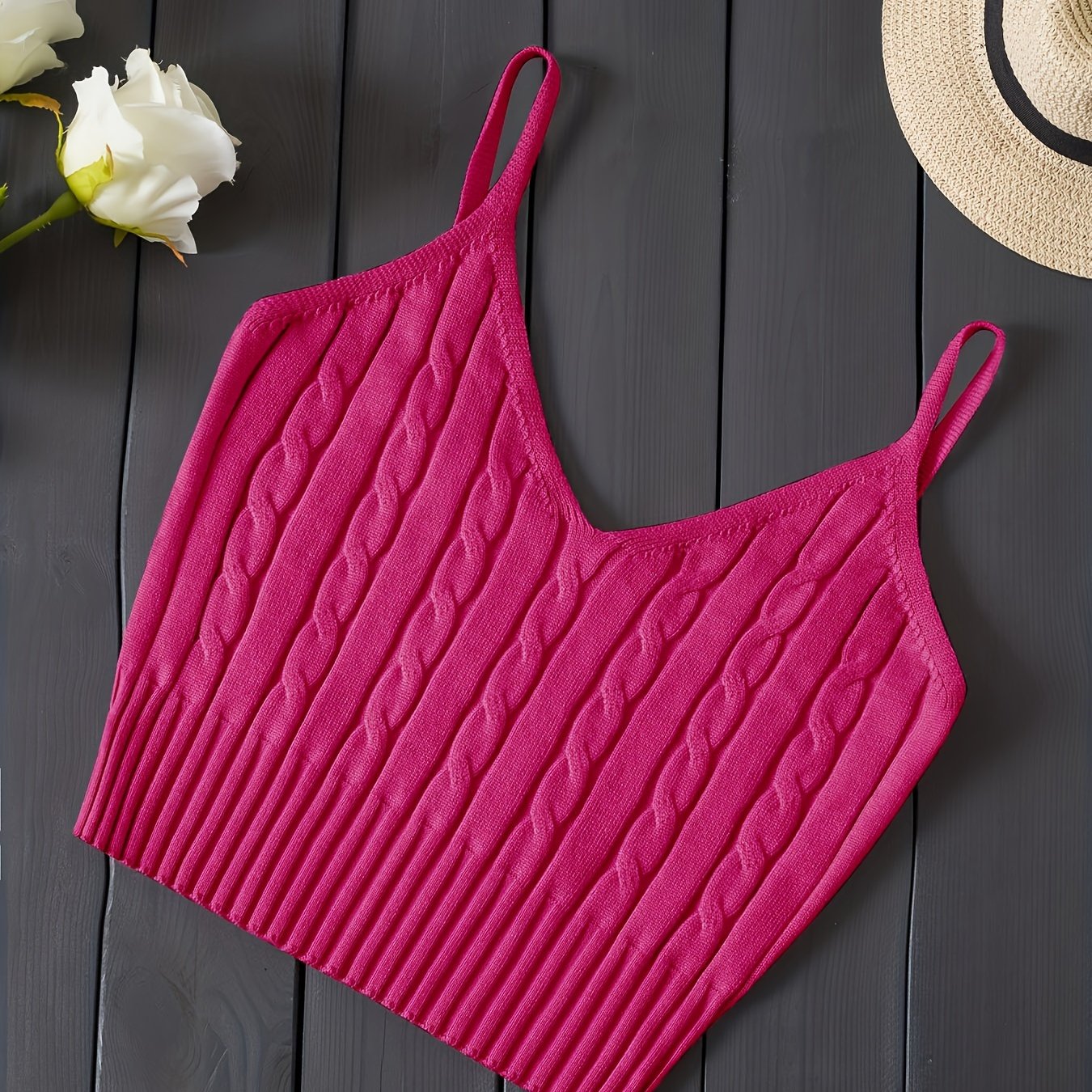 Romantic Valentines Day Soft Knit Cami Crop Top - Flirty Sleeveless Style for Spring & Summer - Comfortable Casual Wear, Womens Fashion Essential
