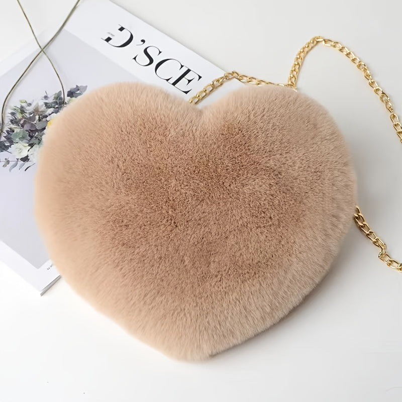 Heart Shaped Plush Bag, Women's Chain Crossbody Bag, Kawaii Zipper Purse For Valentine's Day