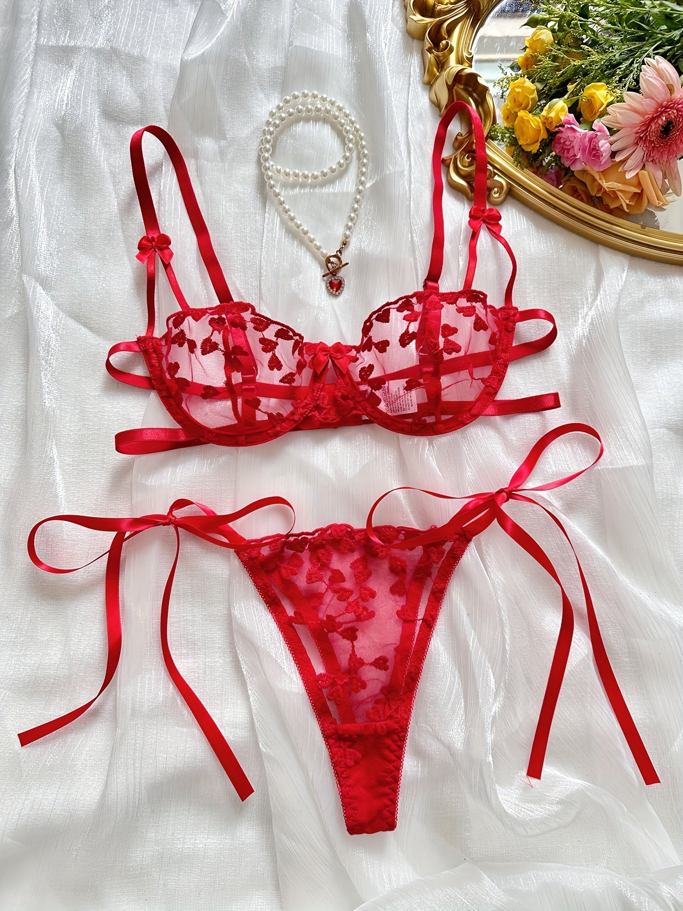 Romantic Heart Embroidered Lingerie Set - Delicate Sheer Mesh, Wireless Unlined Bra & Seductive Strappy Thong - Intimate, Comfortable & Alluring Womens Underwear for Special Occasions