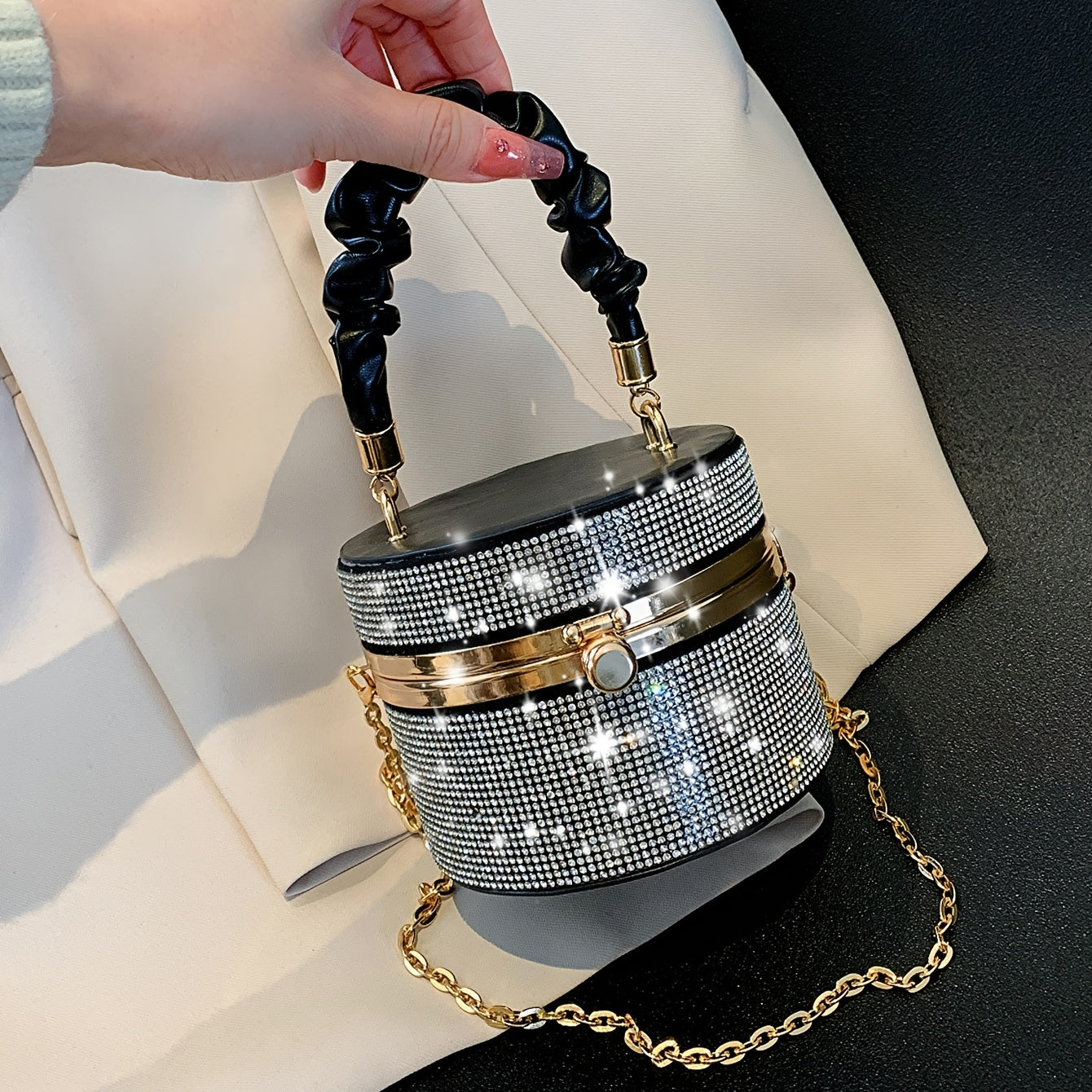 Mini Allover Rhinestone Handbag, Ruched Detail Evening Bucket Bag, Stylish Chain Shoulder Purse For Party (3.9*4.7*4.7) Inch Best Gifts for Carnaval