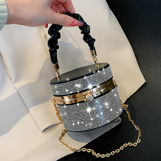 Mini Allover Rhinestone Handbag, Ruched Detail Evening Bucket Bag, Stylish Chain Shoulder Purse For Party (3.9*4.7*4.7) Inch Best Gifts for Carnaval