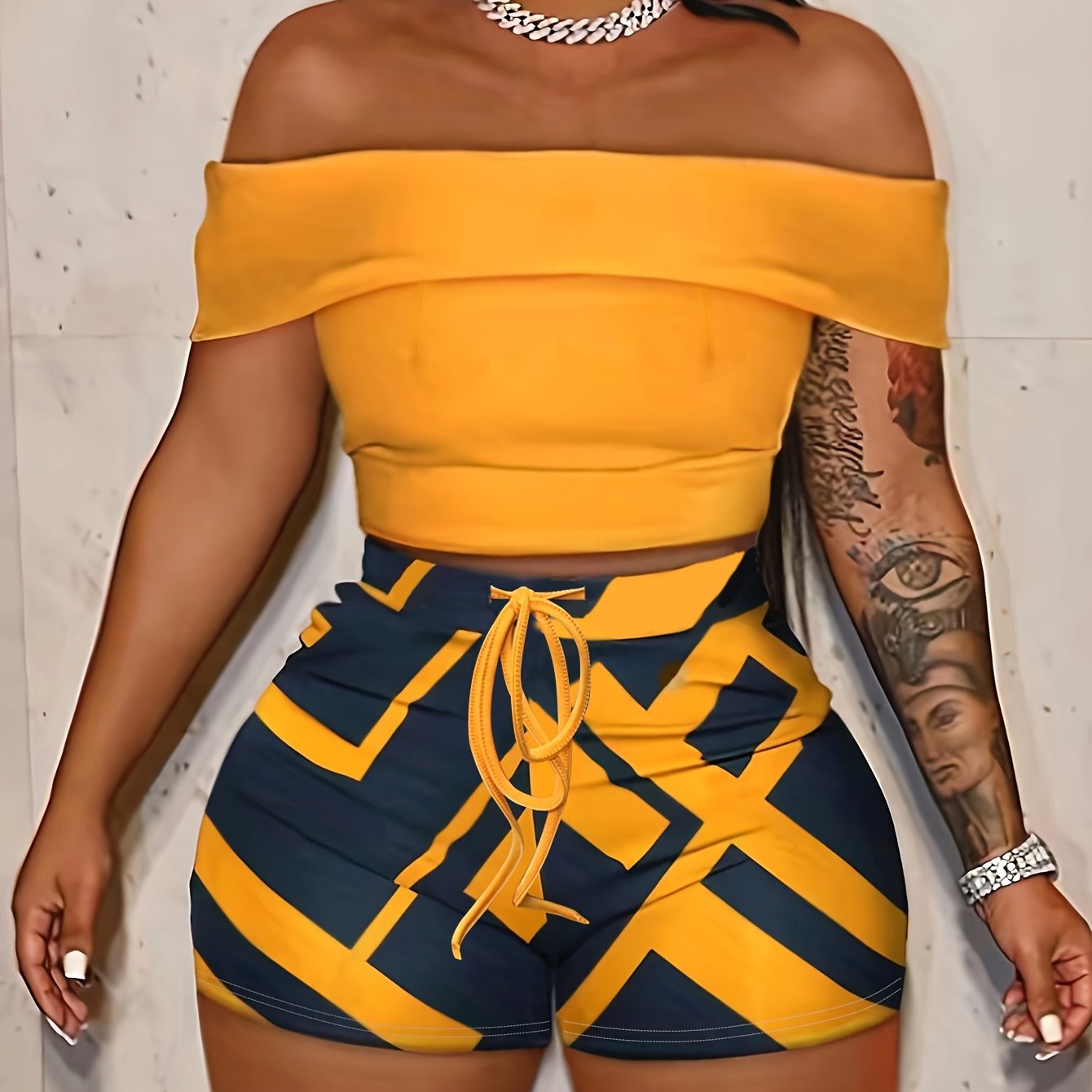 Chic Solid Off-Shoulder Two-Piece Set - Adjustable Drawstring Shorts Outfit - Elegant Womens Summer Clothing - Comfy & Stylish