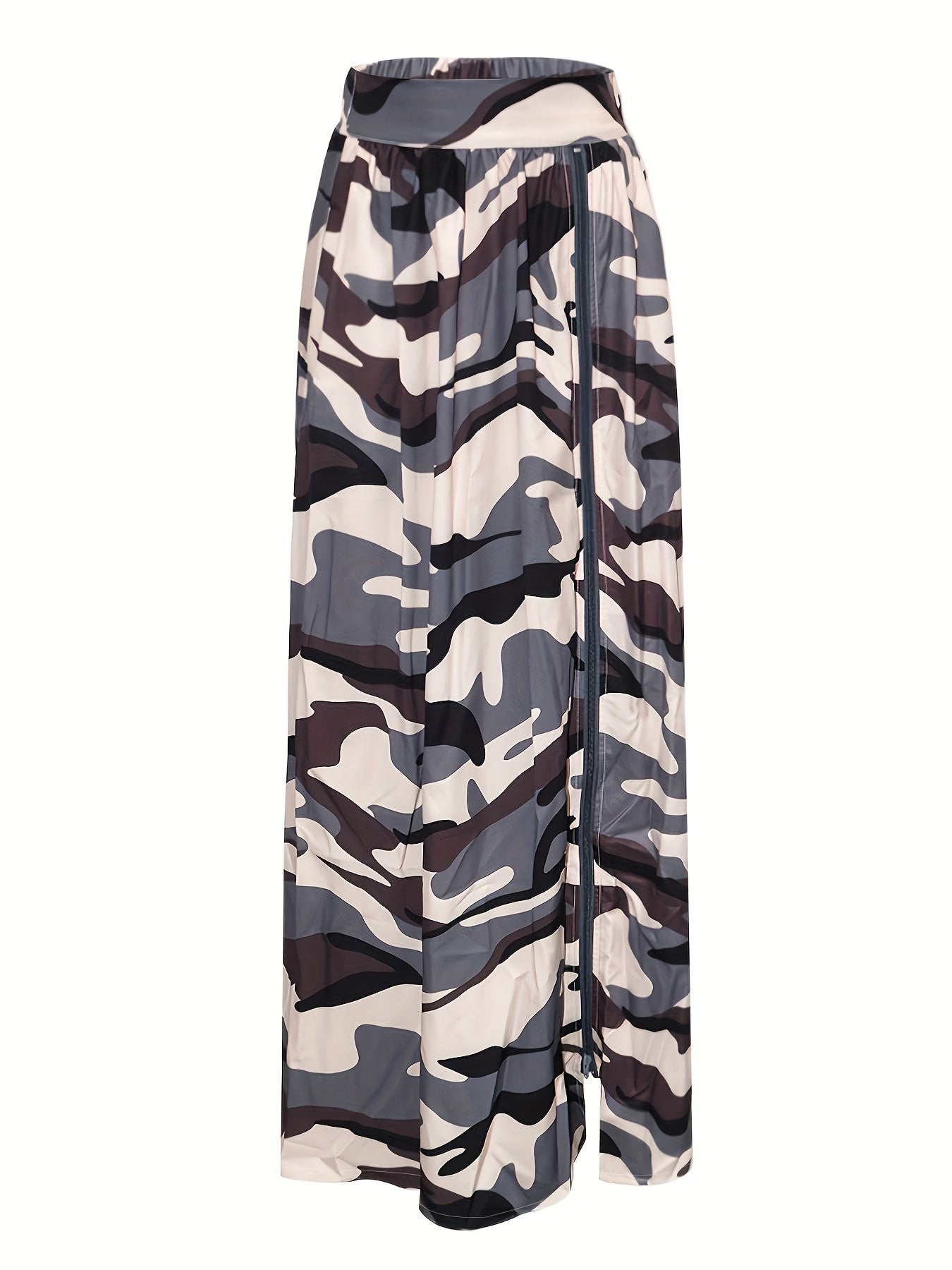 Camouflage Print Split High Waist Skirts, Zipper Elastic Mid Length Casual Skirts, Women's Clothing