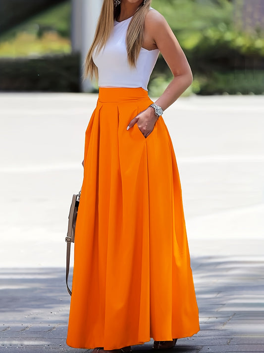 Ruched High Waist Skirts, Elegant Solid Versatile Maxi Skirts, Women's Clothing