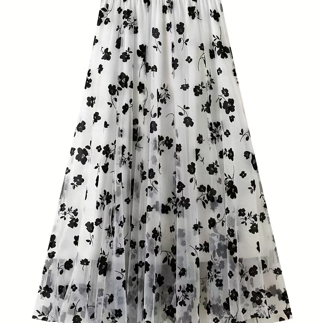 Plant Print Contrast Mesh Skirts, Elegant High Waist Maxi Skirts, Women's Clothing