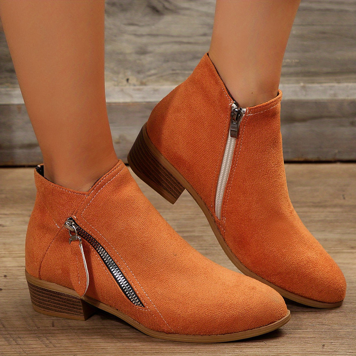 Women's Stacked Heel Ankle Boots, Side Zipper Pointed Toe Solid Color Short Boots, Comfortable Block Heels