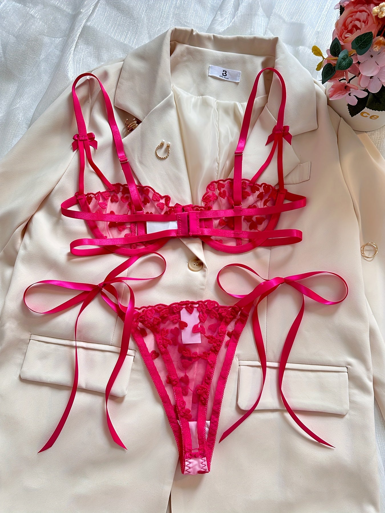 Romantic Heart Embroidered Lingerie Set - Delicate Sheer Mesh, Wireless Unlined Bra & Seductive Strappy Thong - Intimate, Comfortable & Alluring Womens Underwear for Special Occasions