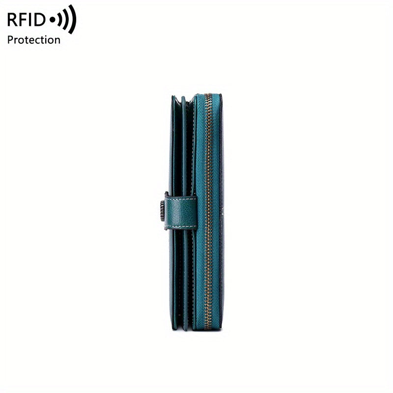 Vintage-Style RFID Long Wallet – Large-Capacity Faux Leather Coin Purse with Wristband, Snap Closure & Multi-Card Slots