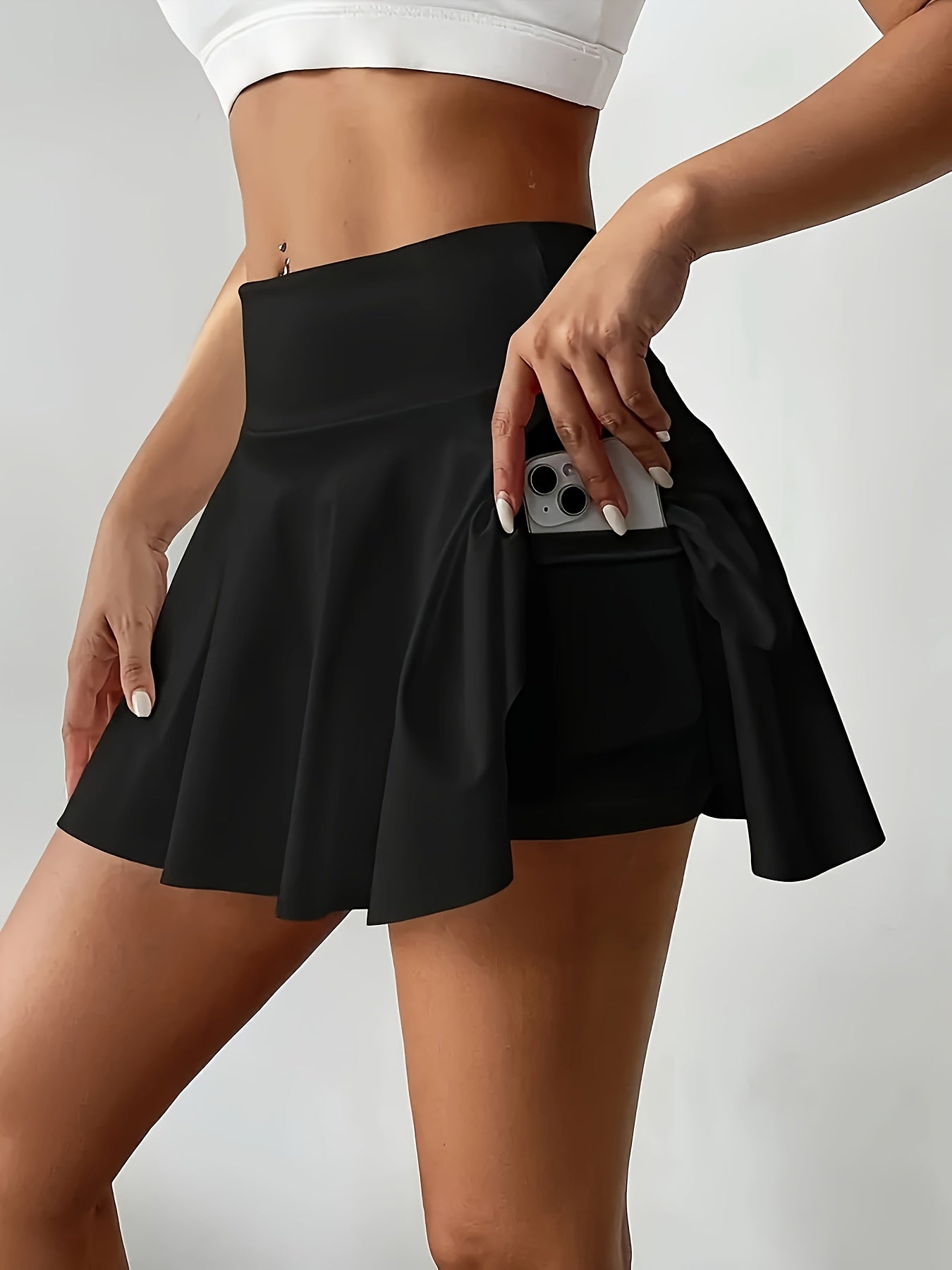 Solid Color Sports Skorts With Pocket, Golf Running Tennis Active Skirts, Women's Activewear