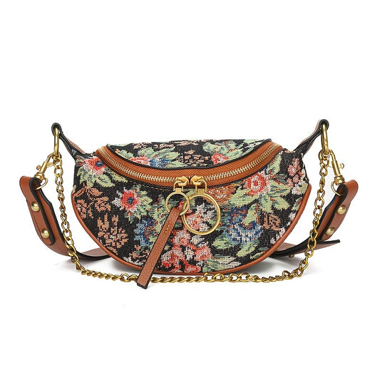 Vintage Floral Canvas Waist Bag - Double Zipper Crossbody Purse with Polyester Lining, Trendy Chain Decor, and Adjustable Shoulder Strap - Perfect for Casual Outings and Travel