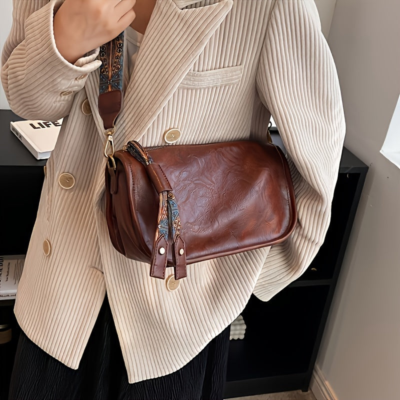 Stylish Large Capacity Crossbody Bag - Graphic Pattern Zipper Shoulder Bag With Wide Strap - Daily Purse