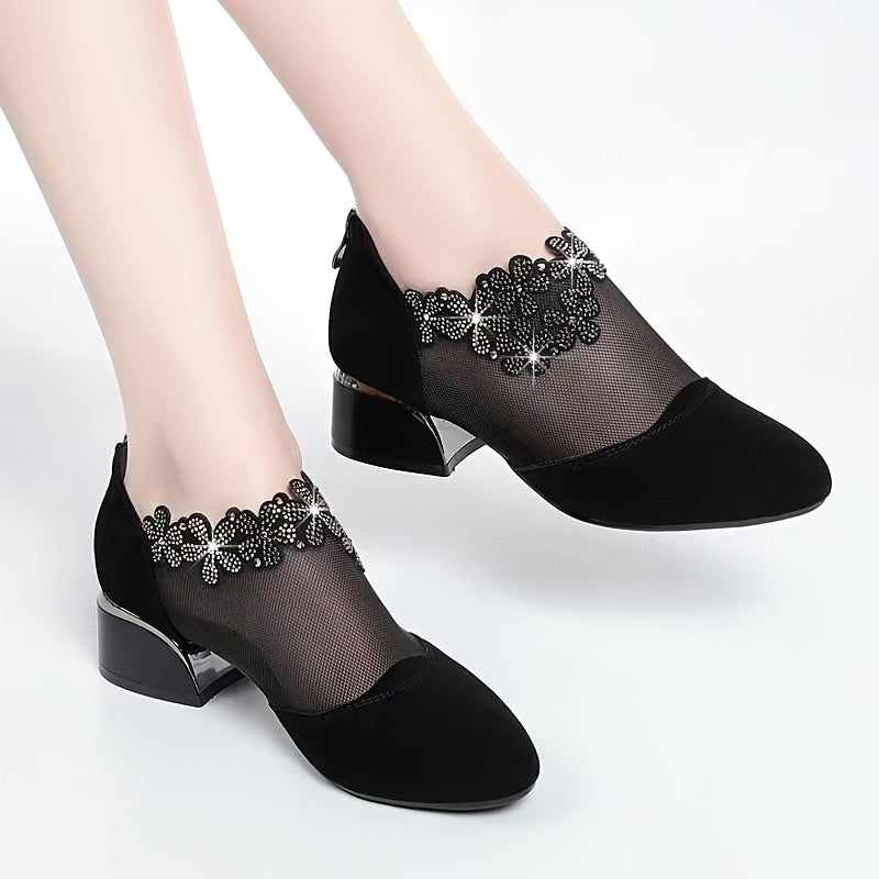 Women's Flower Rhinestone Mesh Block Heels, Fashion Back Zipper Solid, Versatile Dress Low Heels