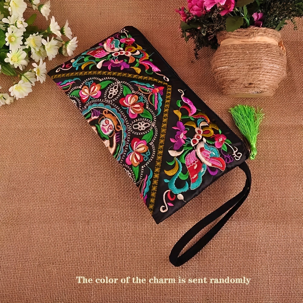 Vintage Square Phone Purse - Ethnic Floral Embroidery, Wristlet Strap, Stylish Clutch for Everyday Chic