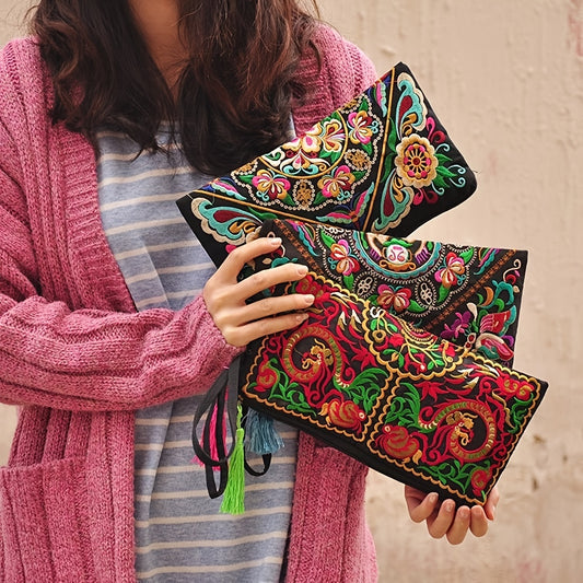 Vintage Square Phone Purse - Ethnic Floral Embroidery, Wristlet Strap, Stylish Clutch for Everyday Chic