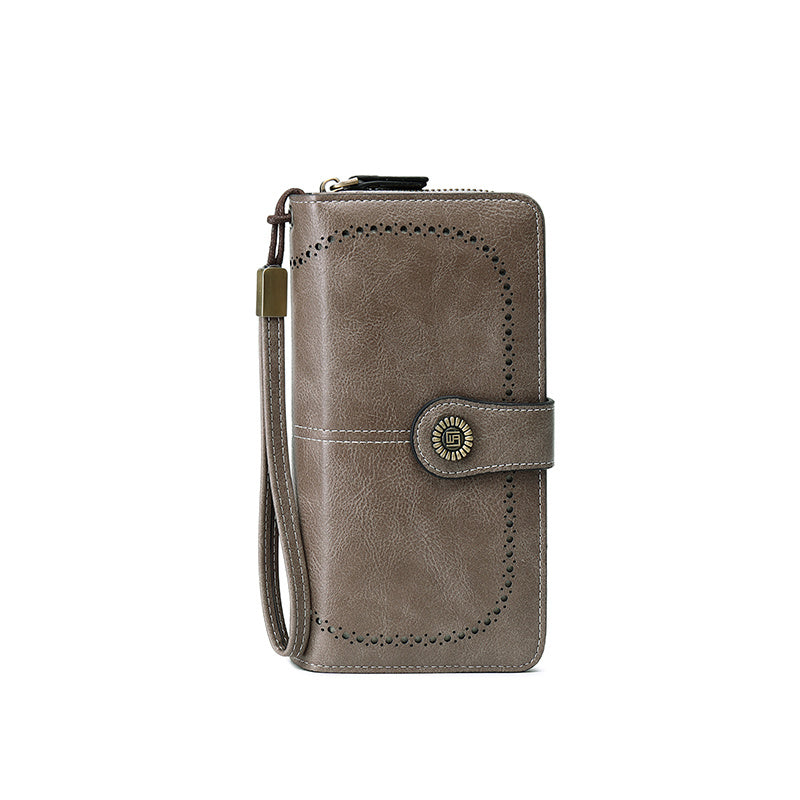 Vintage-Style RFID Long Wallet – Large-Capacity Faux Leather Coin Purse with Wristband, Snap Closure & Multi-Card Slots