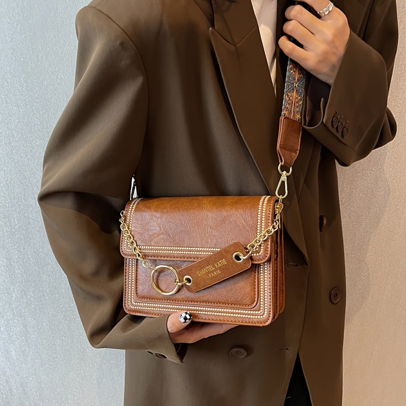 Chain Decor Square Crossbody Bag, Small Stitch Detail Flap Purse, Women's Faux Leather Shoulder Bag