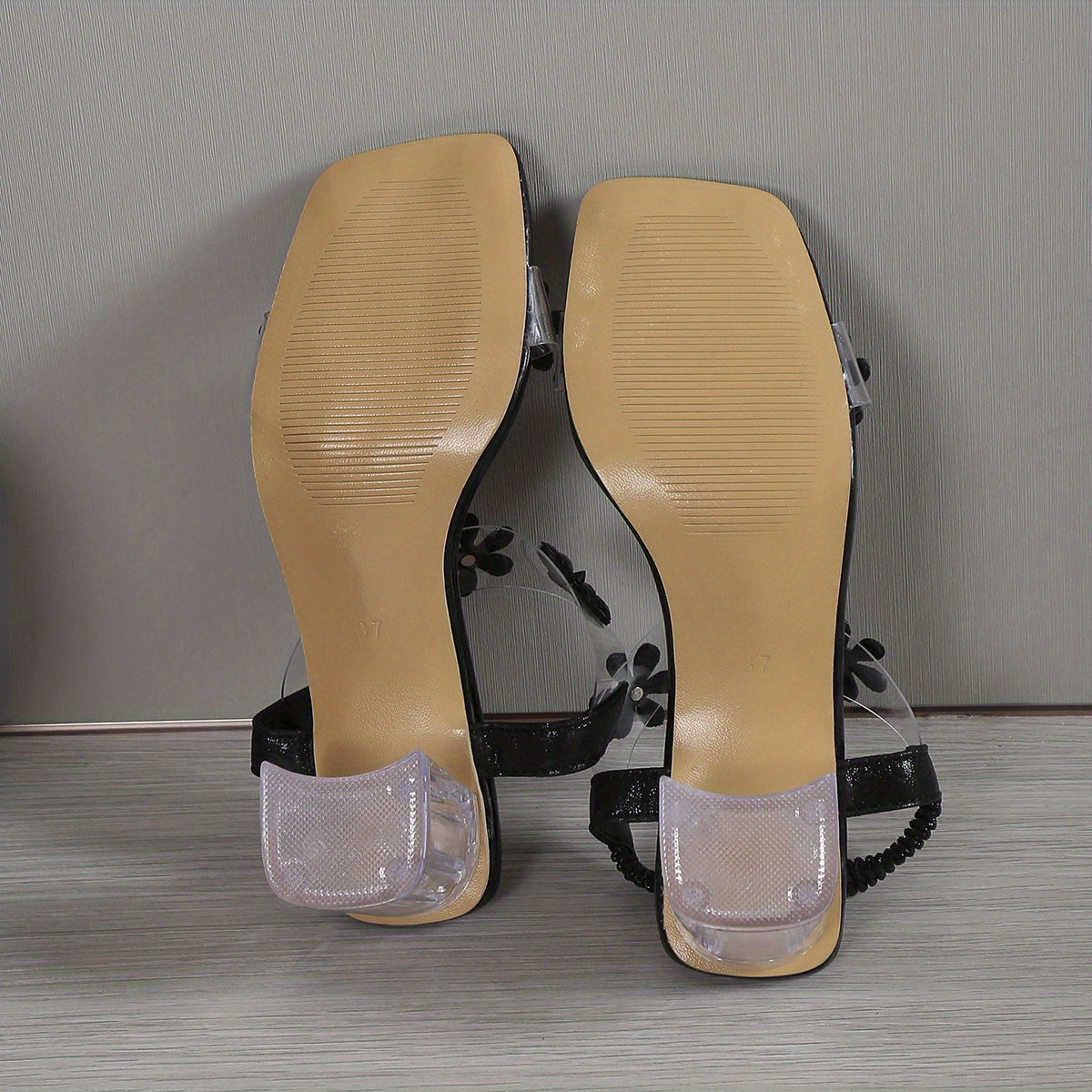 Women's Rhinestone Block Heel Sandals with Square Open Toe, Elastic Straps, Slip-On Heels for Versatile Style